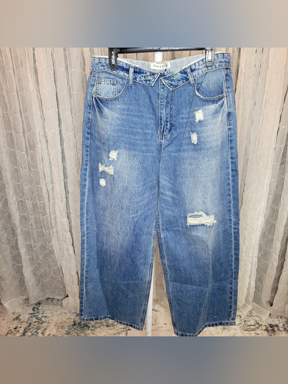 Aaron & Amber Distressed Mineral Wash Crossover Waist Wide Leg Blue Jeans Large